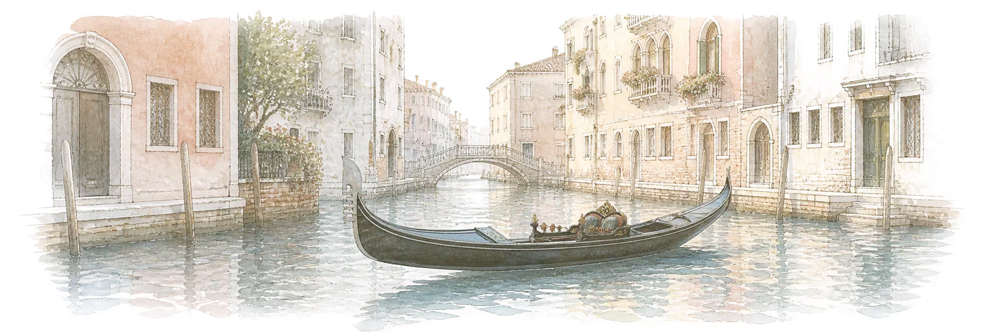 A watercolor of a gondola resting on a quiet Venetian canal beneath a stone bridge