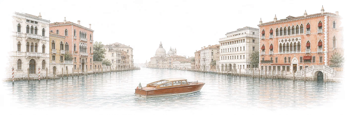 A watercolor of the Grand Canal receding toward Santa Maria della Salute, with a classic wooden water taxi