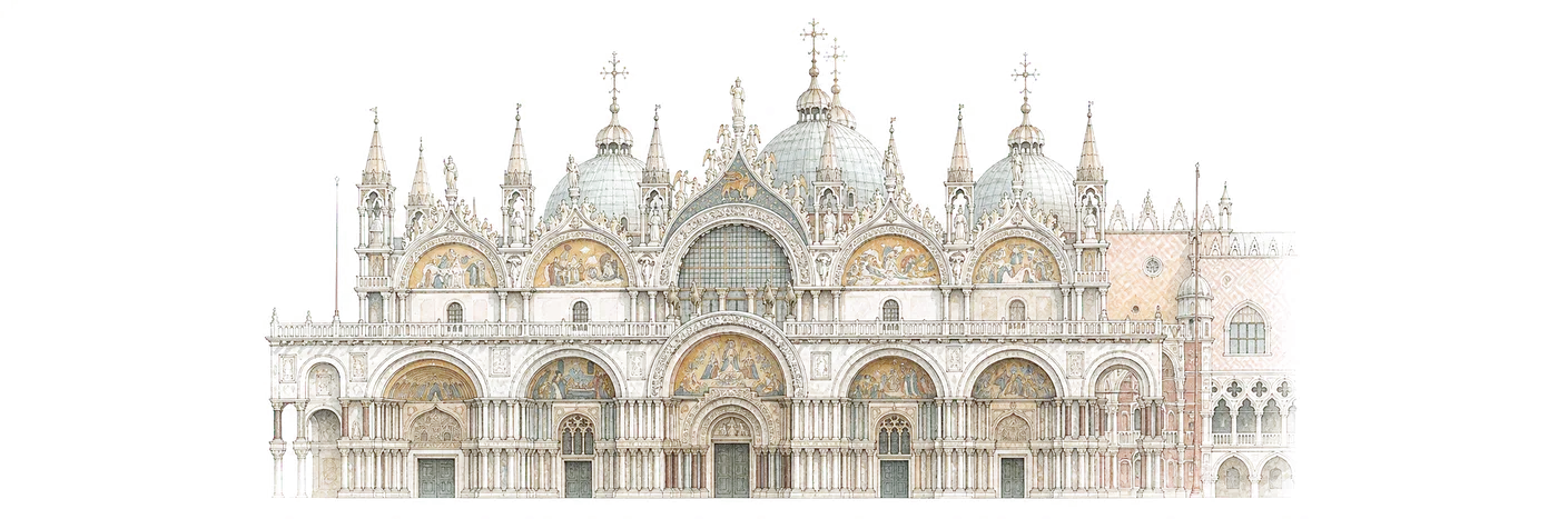 Watercolor illustration of St. Mark’s Basilica After Hours