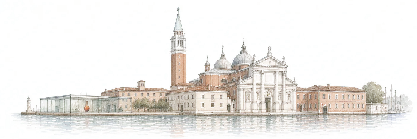 A watercolor of San Giorgio Maggiore seen across the Venetian lagoon